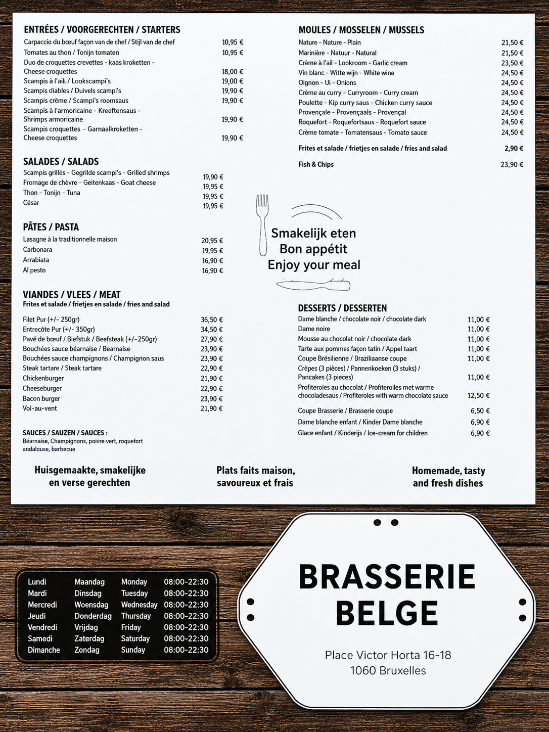 Officiële kaart met gerechten en desserts van Brasserie Belge