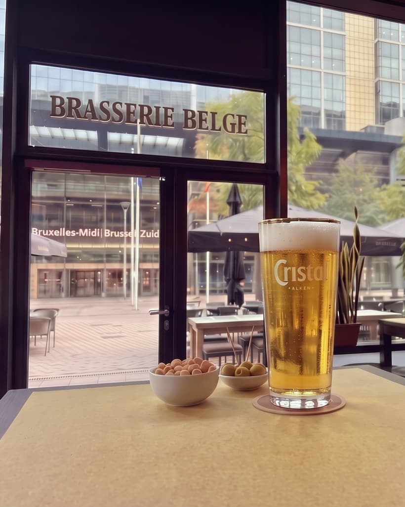 Ein Cristal vom Fass auf einem Tisch der Brasserie Belge, der Schriftzug auf der Scheibe und der Bahnhof Brüssel-Midi direkt gegenüber